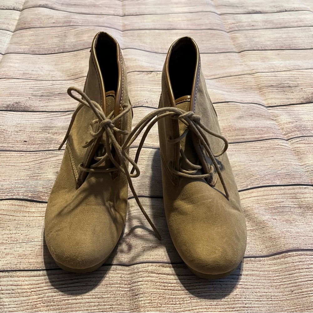 Brown Faux Suede Heeled Lace Up Booties, Size 8